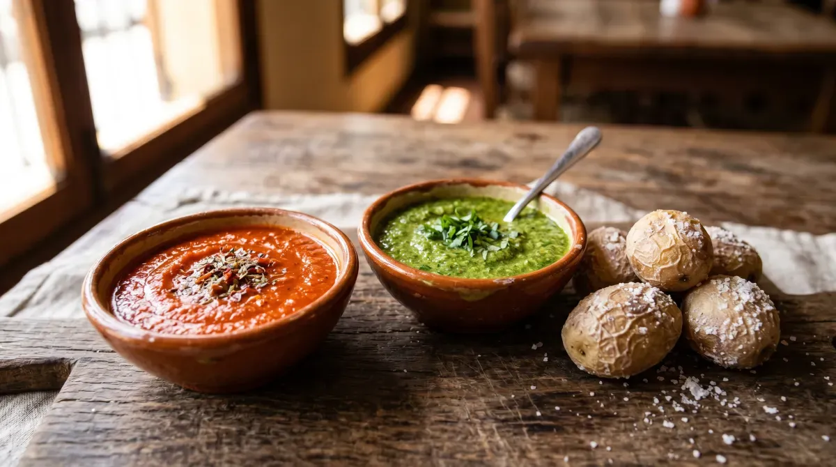 Papas arrugadas, mojo rojo, mojo verde